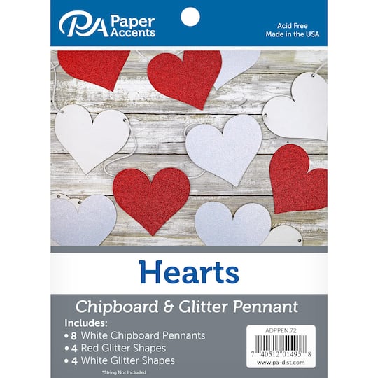 PA Paper&#x2122; Accents 5&#x27;&#x27; Hearts Chipboard &#x26; Glitter Pennant, 16ct.